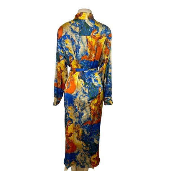 Fashion Nova Abstract Print Long-Sleeve Button-Down Belted Midi Dress Sz L - New - Picture 3 of 9